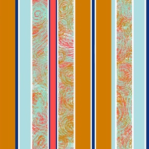 Striped fabric in the colors of goldenrod, blue, navy blue and red, large     