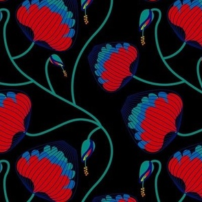 Trailing  Fantasy Basket Florals in vibrant blue, green and red on black 6in