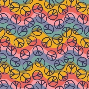 1 inch Peace Signs on a Groovy Wavy Rainbow Background - 6x6 repeat