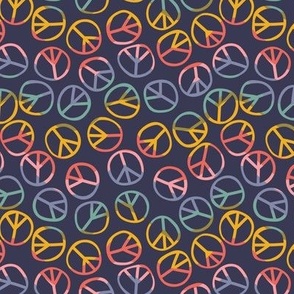 1 inch Peace signs in Rainbow Colors on a Dark Plum Purple Background - 6x6 repeat