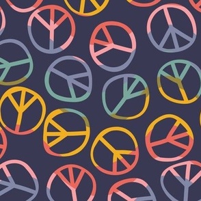 2 inch Peace signs in Rainbow Colors on a Dark Plum Purple Background  - 12x12 repeat