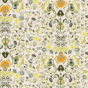 Traditional Folk Art Flora - Colorful Floral Illustration in Tiny Small Ditsy Scale in orange yellow green gray tones