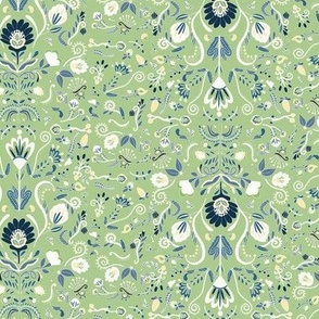 Traditional Folk Art Flora - Colorful Floral Illustration in Tiny Small Ditsy Scale in green navy blue yellow white tones
