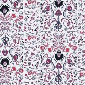 Traditional Folk Art Flora - Colorful Floral Illustration in Tiny Small Ditsy Scale in pink navy blue gray white tones