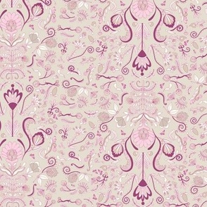 Traditional Folk Art Flora - Colorful Floral Illustration in Tiny Small Ditsy Scale in pink gray cream tones