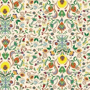 Traditional Folk Art Flora - Colorful Floral Illustration in Tiny Small Ditsy Scale in green yellow red orange cream tones