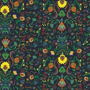 Traditional Folk Art Flora - Colorful Floral Illustration in Tiny Small Ditsy Scale in green yellow blue red orange black tones