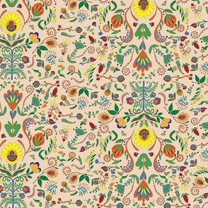 Traditional Folk Art Flora - Colorful Floral Illustration in Tiny Small Ditsy Scale in green yellow orange blue and beige tones