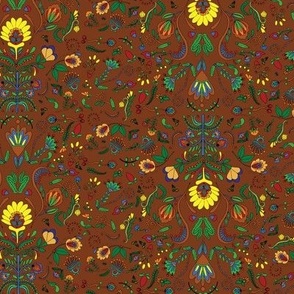 Traditional Folk Art Flora - Colorful Floral Illustration in Tiny Small Ditsy Scale in green yellow red orange brown tones