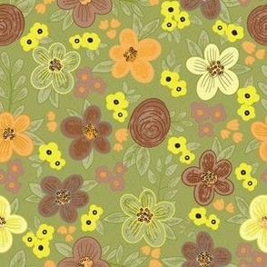Cute Nature Botanical Hand Drawn Scattered Flowers Blossoms - A Colorful Hand Drawn Floral Pattern in green yellow brick red tangerine orange tones