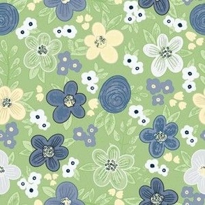 Cute Nature Botanical Hand Drawn Scattered Flowers Blossoms - A Colorful Hand Drawn Floral Pattern in green yellow navy blue white tones