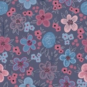 Cute Nature Botanical Hand Drawn Scattered Flowers Blossoms - A Colorful Hand Drawn Floral Pattern in pink fuchsia navy blue gray grey tones