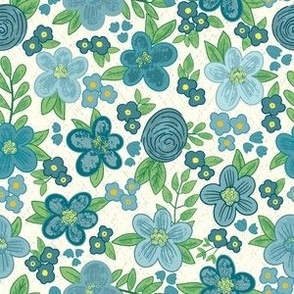 Cute Nature Botanical Hand Drawn Scattered Flowers Blossoms - A Colorful Hand Drawn Floral Pattern in navy blue green aqua yellow tones
