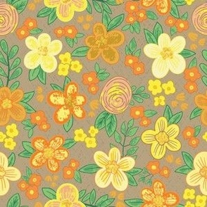 Cute Nature Botanical Hand Drawn Scattered Flowers Blossoms - A Colorful Hand Drawn Floral Pattern in yellow orange green beige tones