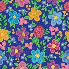 Cute Nature Botanical Hand Drawn Scattered Flowers Blossoms - A Colorful Hand Drawn Floral Pattern in navy blue aqua periwinkle pink fuchsia red orange yellow tones on dark blue background