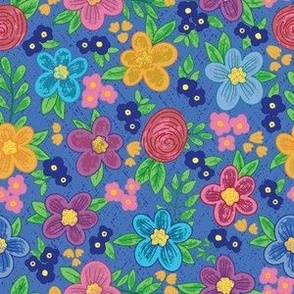 Cute Nature Botanical Hand Drawn Scattered Flowers Blossoms - A Colorful Hand Drawn Floral Pattern in navy blue aqua periwinkle pink fuchsia red orange yellow tones on medium blue background