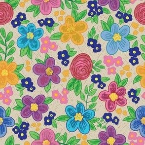 Cute Nature Botanical Hand Drawn Scattered Flowers Blossoms - A Colorful Hand Drawn Floral Pattern in navy blue aqua periwinkle pink fuchsia red orange yellow tones on beige background