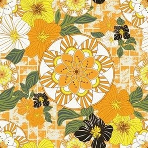 Colorful Worldly Mandalas & Nature Flowers Flora - A Cheerful Floral Medley of Elegant Mandala and Blossom Bunches on Textured Woven Basket-Weave Background in orange yellow green black white tones