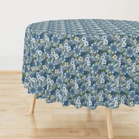 Colorful Worldly Mandalas & Nature Flowers Flora - A Cheerful Floral Medley of Elegant Mandala and Blossom Bunches on Textured Woven Basket-Weave Background in blue yellow green white gray grey tones