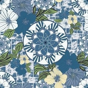 Colorful Worldly Mandalas & Nature Flowers Flora - A Cheerful Floral Medley of Elegant Mandala and Blossom Bunches on Textured Woven Basket-Weave Background in blue yellow green white gray grey tones