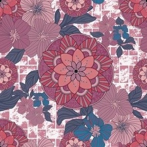 Colorful Worldly Mandalas & Nature Flowers Flora - A Cheerful Floral Medley of Elegant Mandala and Blossom Bunches on Textured Woven Basket-Weave Background in pink fuchsia peach blue black cream tones