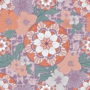 Colorful Worldly Mandalas & Nature Flowers Flora - A Cheerful Floral Medley of Elegant Mandala and Blossom Bunches on Textured Woven Basket-Weave Background in purple lavender pink peach aqua green white gray grey tones