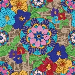 Colorful Worldly Mandalas & Nature Flowers Flora - A Cheerful Floral Medley of Elegant Mandala and Blossom Bunches on Textured Woven Basket-Weave Background in pink navy blue red yellow purple aqua tones