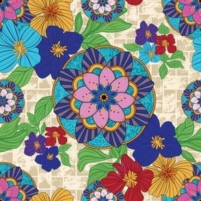 Colorful Worldly Mandalas & Nature Flowers Flora - A Cheerful Floral Medley of Elegant Mandala and Blossom Bunches on Textured Woven Basket-Weave Background in pink navy blue red yellow purple aqua tones