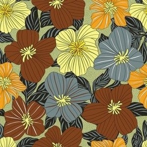 Nature Botanical Hand Drawn Flowers Blossoms in a Cheerful Colorful Medley of green yellow orange gray grey brown tones