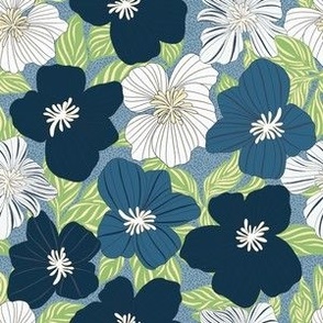 Nature Botanical Hand Drawn Flowers Blossoms in a Cheerful Colorful Medley of navy prussian blue green white cream  tones