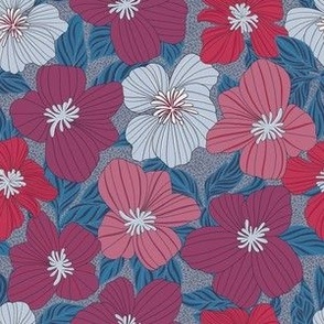 Nature Botanical Hand Drawn Flowers Blossoms in a Cheerful Colorful Medley of pink fuchsia red blue gray grey black tones