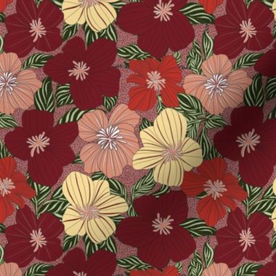 Nature Botanical Hand Drawn Flowers Blossoms in a Cheerful Colorful Medley of red burgundy peach yellow green black tones