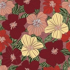 Nature Botanical Hand Drawn Flowers Blossoms in a Cheerful Colorful Medley of red burgundy peach yellow green black tones