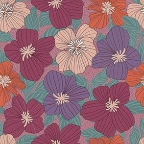 Nature Botanical Hand Drawn Flowers Blossoms in a Cheerful Colorful Medley of pink fuchsia orange peach white tones