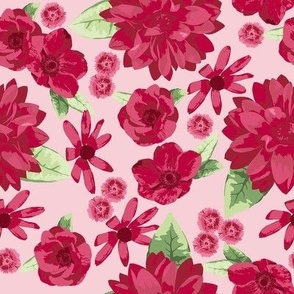 Dalias Red on Pink Medium 8"