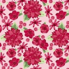 Dalias Red on Pink Small 4"