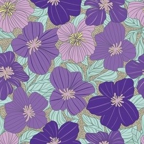 Nature Botanical Hand Drawn Flowers Blossoms in a Cheerful Colorful Medley of purple lavender pink mint green beige tones