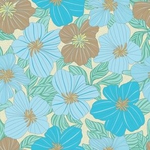 Nature Botanical Hand Drawn Flowers Blossoms in a Cheerful Colorful Medley of blue aqua green brown beige yellow tones