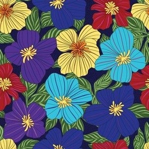 Nature Botanical Hand Drawn Flowers Blossoms in a Cheerful Colorful Medley of navy blue turquoise purple red yellow orange green black tones