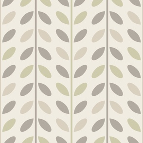 vertical vines with leaves - bone beige_ cloudy silver_ creamy white_ thistle green - simple geometric