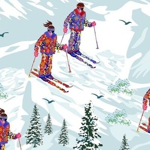 Winter Skiing Snow Sports Ski Field Skiers, Alpine Mountains Slopes, 80s Retro Snow Salopettes Suit (Large Scale)