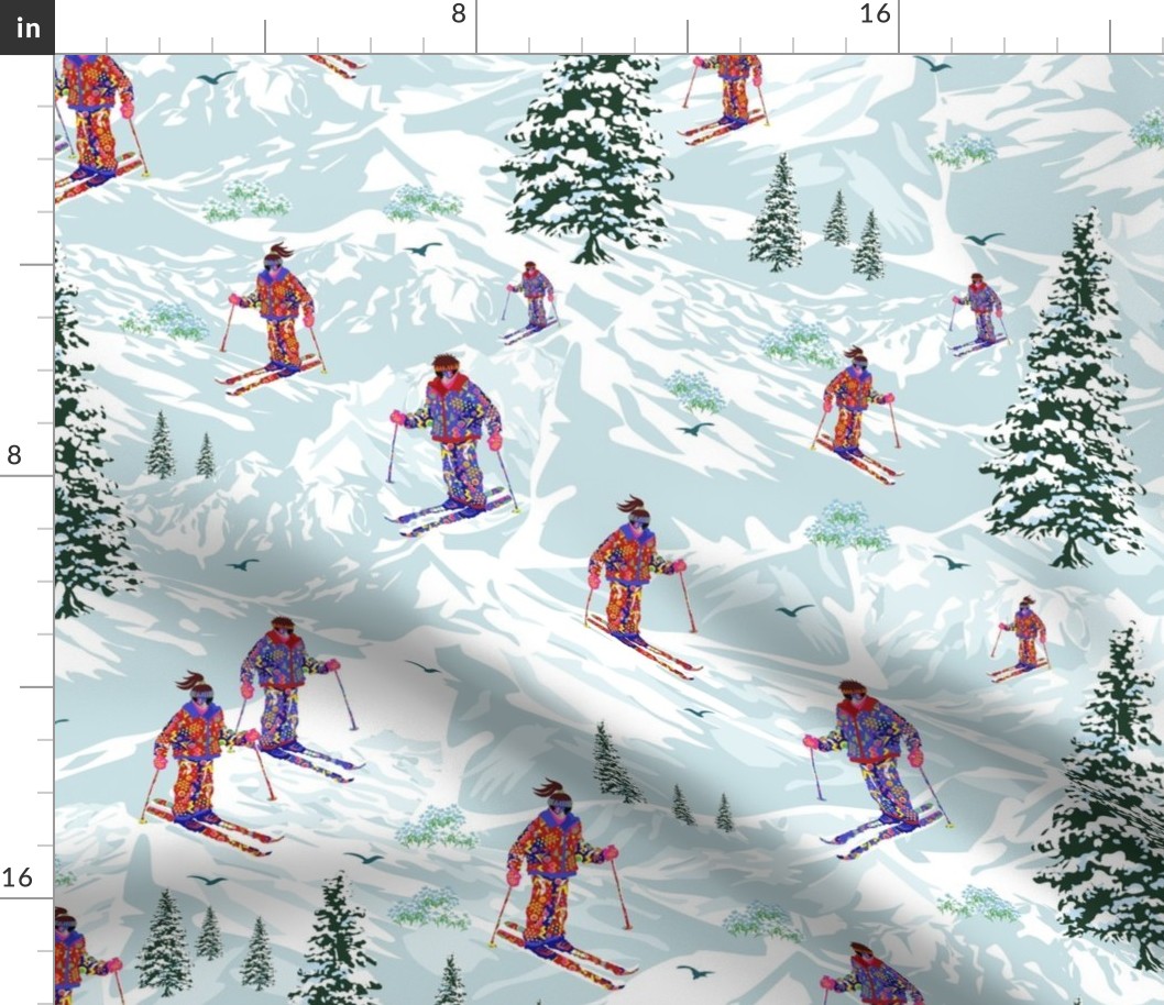 Winter Skiing Snow Sports Ski Field Skiers, Alpine Mountains Slopes, 80s Retro Snow Salopettes Suit (Large Scale)