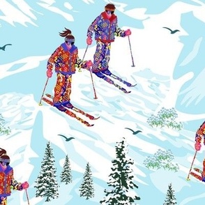 Winter Snow Sports Ski Field Skiers, Alpine Mountains Skiing, 80s Retro Snow Salopettes Suit