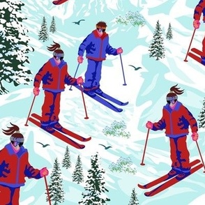 Colorful Winter Skiing Snow Sports Ski Field Skiers, Alpine Mountains Slopes, 80s Retro Colors Snow Suit (Large Scale)