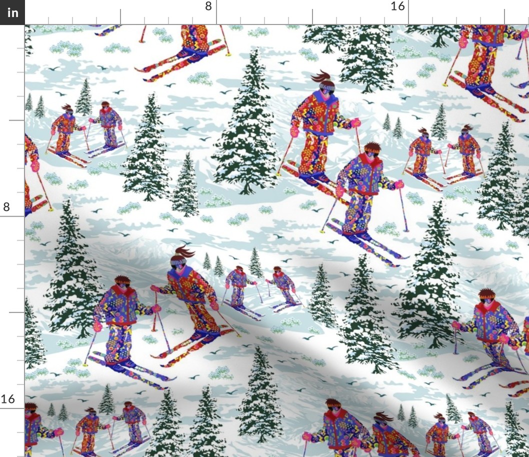 Retro Winter Holiday Snowy Mountain Ski Field, Snow Sports Alpine Mountains Ski Slopes, 80s Retro Skiing Snow Suit Pattern, Retro Winter Snowy Mountain Ski Field, Snow Sports Alpine Mountains Ski Slopes, 80s Skiing Winter Sports Retro Pattern Large Scale