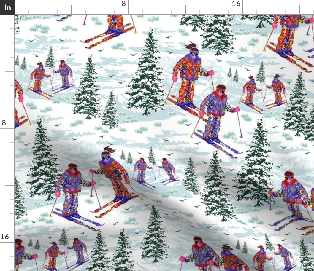 Retro Winter Holiday Snowy Mountain Ski Field, Snow Sports Alpine Mountains Ski Slopes, 80s Retro Skiing Snow Suit Pattern (Large Scale)