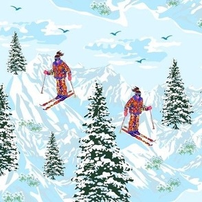 Winter Holiday Skiers Skiing, Snow Sports Ski Field, Alpine Mountains Slopes, 80s Retro Snow Suit Pattern