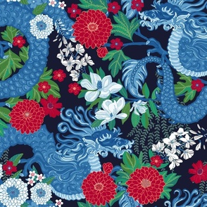 CHIANG MAI BLUE AND WHITE WITH DEEP RED ACCENTS AND NAVY BLUE BACKGROUND