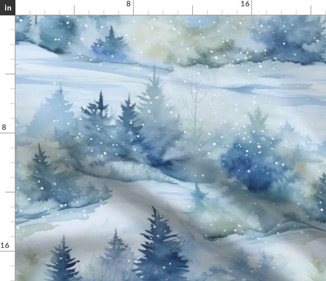 Enchanting Forest Retreat Rural Watercolor Landscape In Shades Of Blue Large Scale