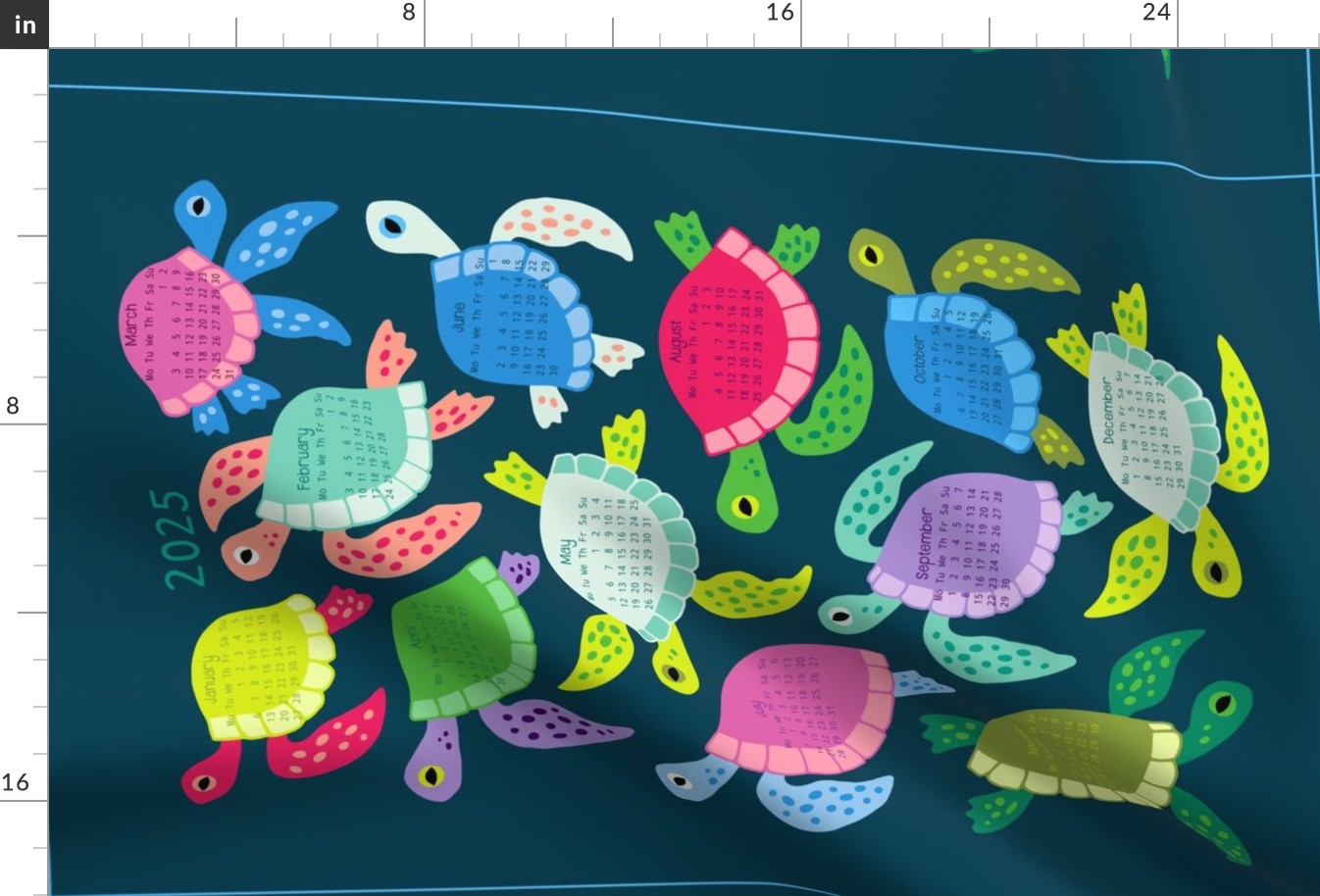 Colorful Sea Turtles Tea Towel Calendar 2024